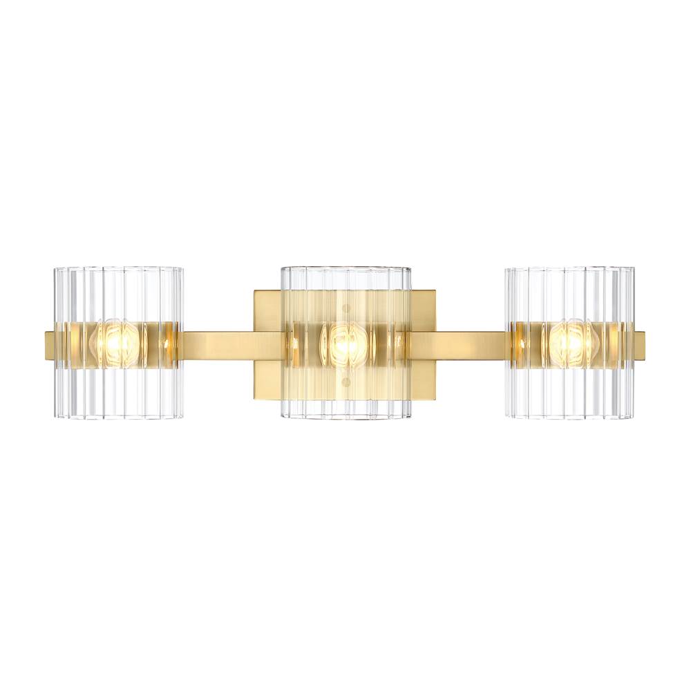 Designers Fountain Aries 24.25 in. 3-Light Brushed Gold Transitional Vanity Light with Ribbed Glass Shades