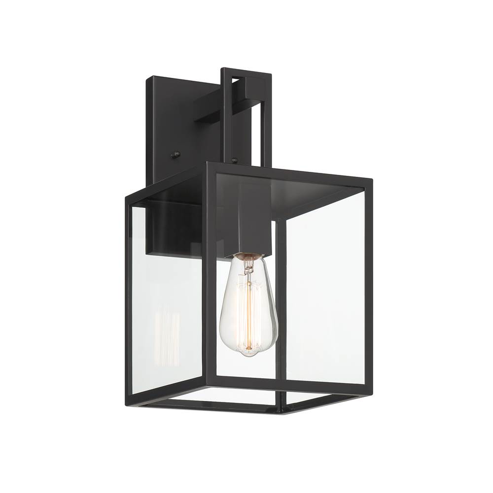 Designers Fountain Preston 14.75 in. 1-Light Matte Black Modern Outdoor Wall Lantern with Clear Glass Shade