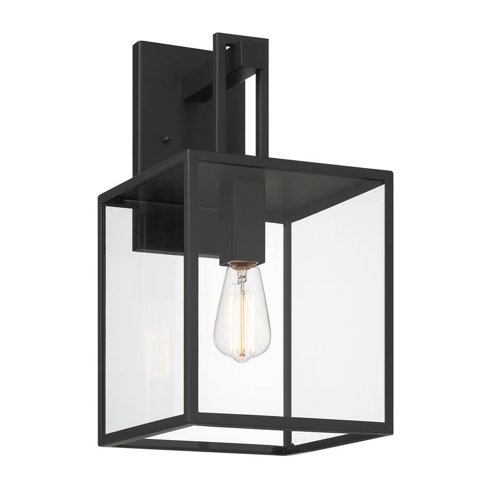 Designers Fountain Preston 18.75 in. 1-Light Matte Black Modern Outdoor Wall Lantern with Clear Glass Shade