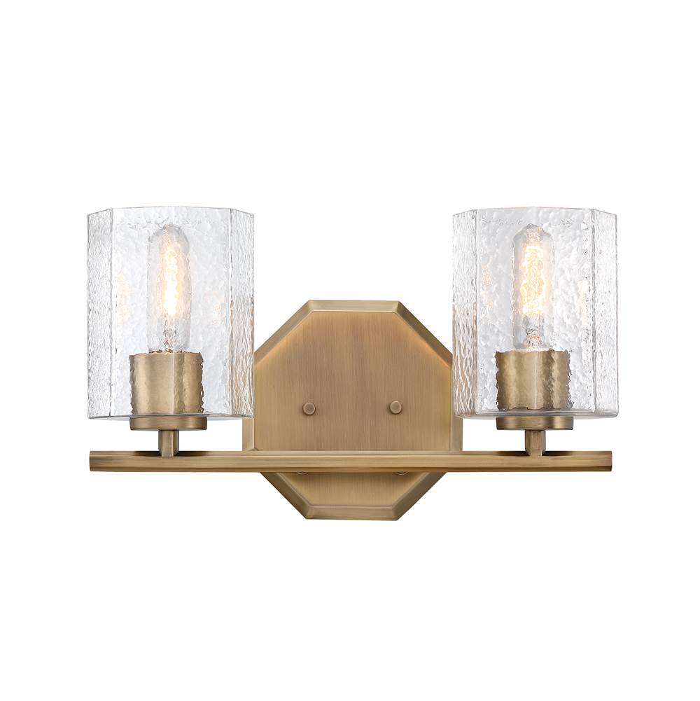 Designers Fountain Haven 16 in. 2-Light Old Satin Brass Vanity Light with Clear Rippled Glass Shades for Bathrooms