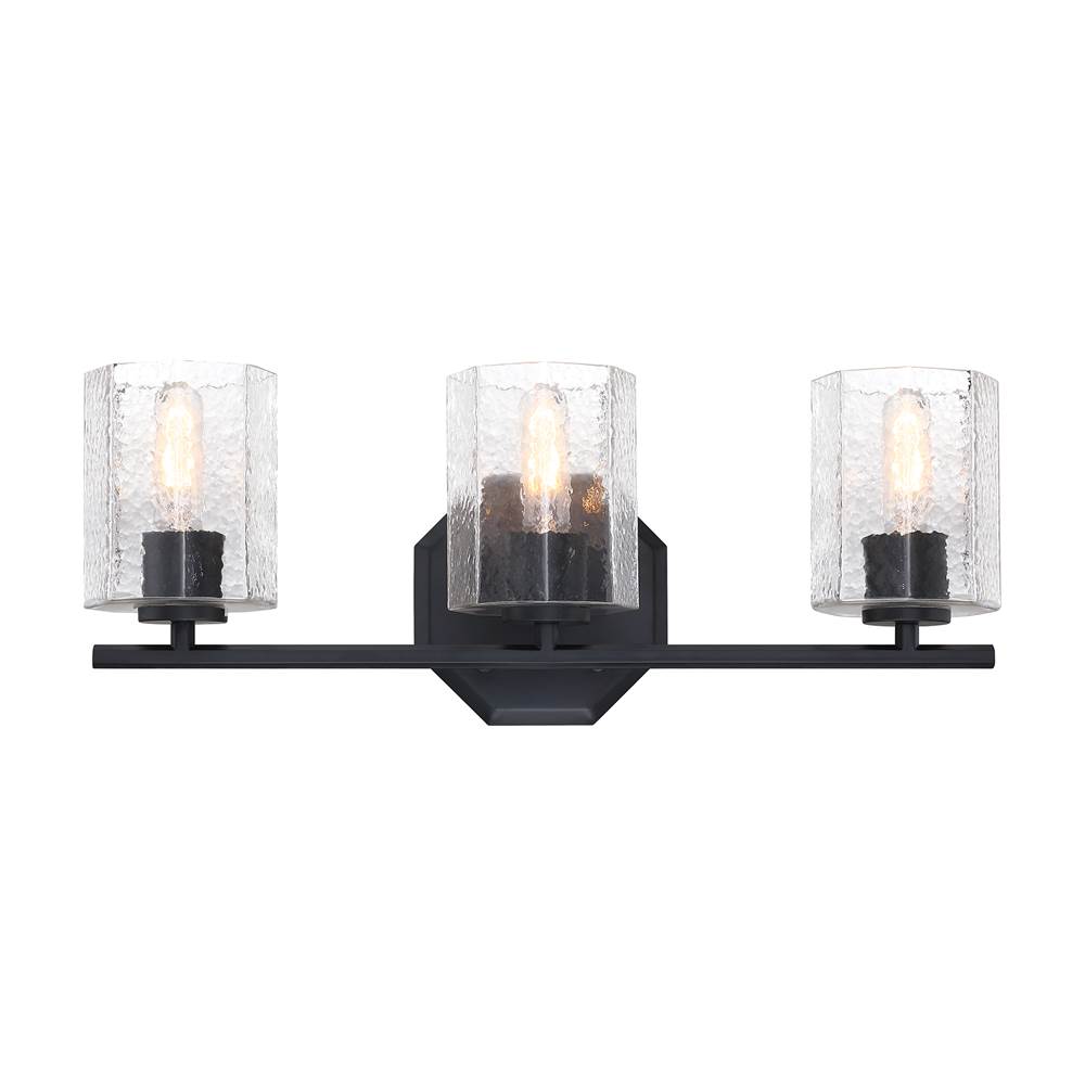 Designers Fountain Haven 24 in. 3-Light Matte Black Vanity Light with Clear Rippled Glass Shades for Bathrooms
