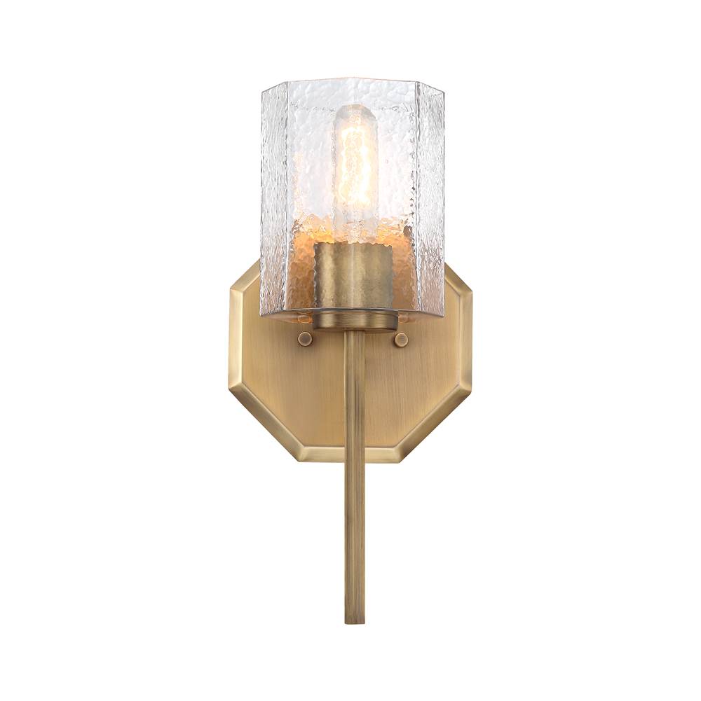 Designers Fountain Haven 7 in. 1-Light Old Satin Brass Wall Sconce Light with Clear Rippled Glass Shades for Bathrooms