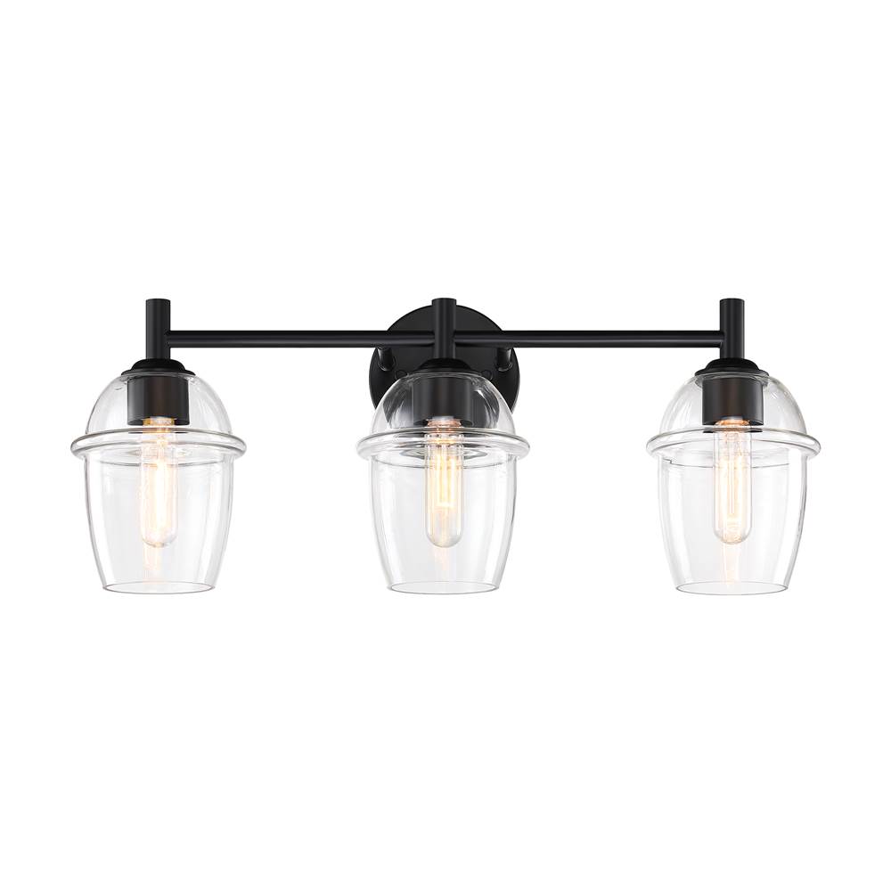 Designers Fountain Summer Jazz 24 in. 3-Light Matte Black Vanity Light with Clear Glass Shades for Bathrooms
