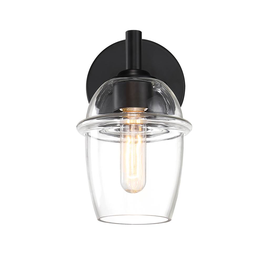 Designers Fountain Summer Jazz 5.5 in. 1-Light Matte Black Wall Sconce Light with Clear Glass Shade for Bathrooms