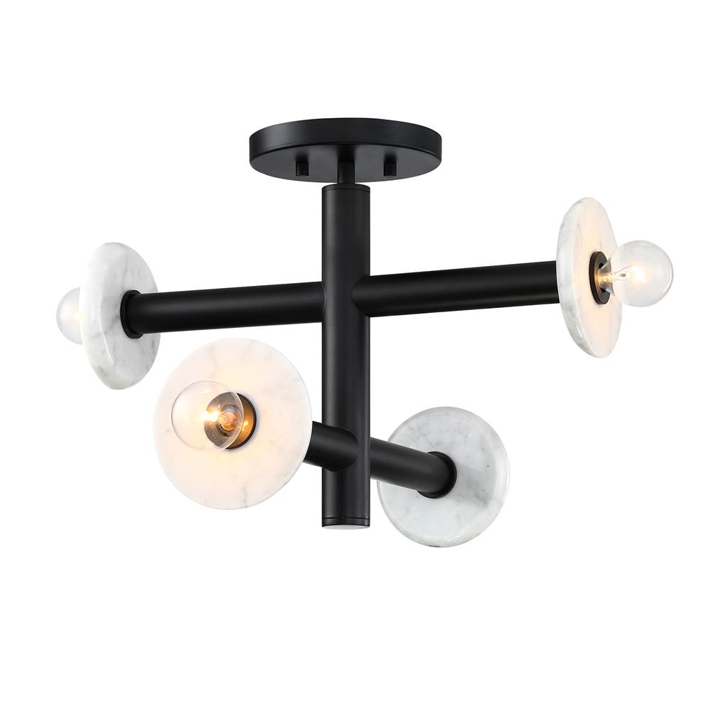 Designers Fountain Fina 16 in. 4-Light Matte Black Modern Semi Flush Mount with Natural Marble Accents for Bedrooms