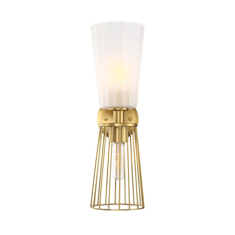 Designers Fountain Liana 6 in. 2-Light Brushed Gold Wall Sconce Light with a Combination of Etched Glass and Wire Cage Shades for Bathrooms