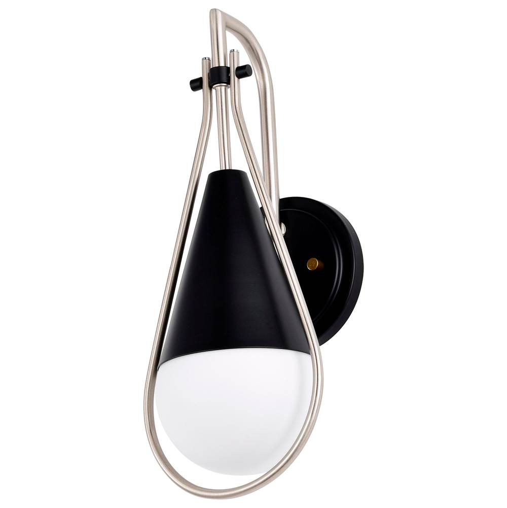 Nuvo Admiral 1 Light Wall Sconce; Matte Black and Brushed Nickel Finish; White Opal Glass