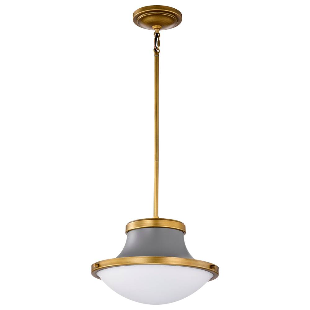 Nuvo Lafayette 1 Light Pendant; 14 Inches; Gray Finish with Natural Brass Accents and White Opal Glass