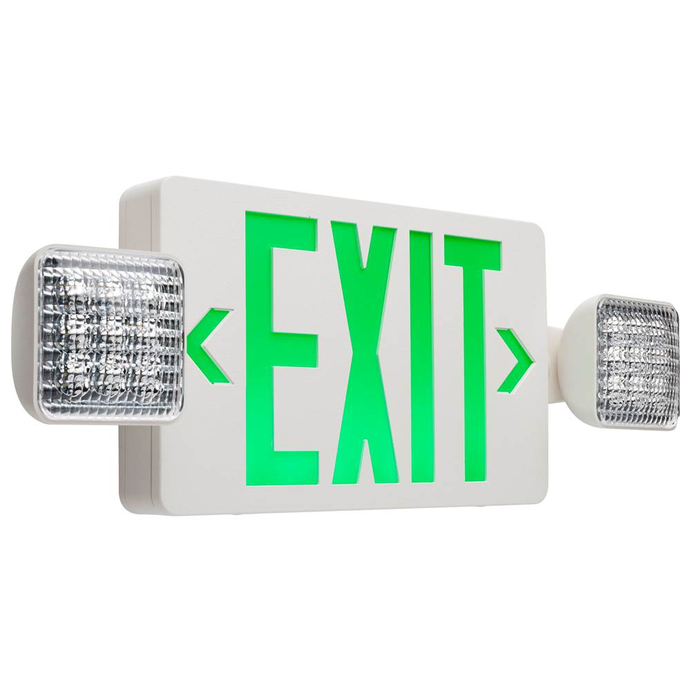 Satco Combination Green Exit Sign/Emergency Light, 90min Ni-Cad backup, 120/277V, Dual Head, Single/Dual Face, Universal Mounting
