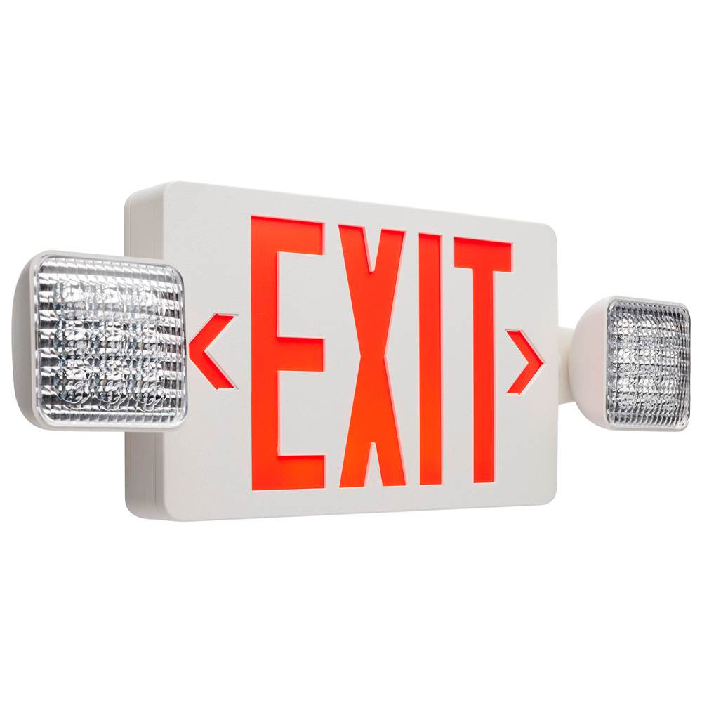 Satco Combination Red Exit Sign/Emergency Light, 90min Ni-Cad backup, 120/277V, Dual Head, Single/Dual Face, Universal Mounting