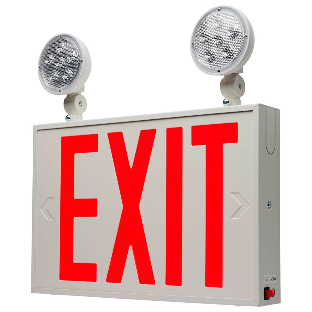 Satco Combination Red Exit Sign/Emergency Light, 90min Ni-Cad backup, 120-277V, Dual Head, Single/Dual Face, Universal Mounting, Steel/NYC