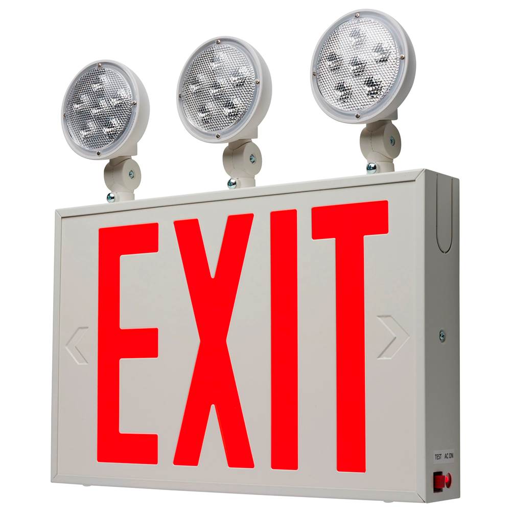 Satco Combination Red Exit Sign/Emergency Light, 90min Ni-Cad backup, 120/277V, Tri Head, Single/Dual Face, Universal Mounting, Steel/NYC